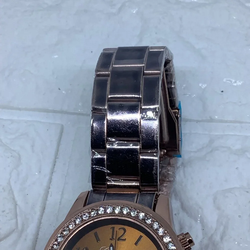 Chocolate Geneva Crystal Rhinestone Chronograph Watch‎ with Metal Link Band
